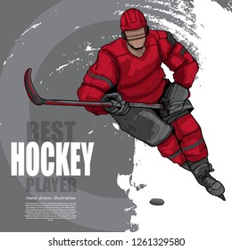 hand drawn illustration of hockey player. drawing vector. winter sport background. poster design.