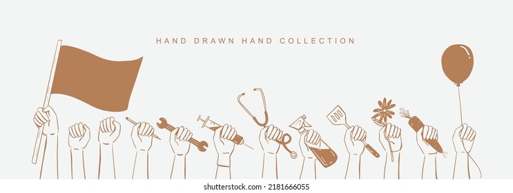 Hand drawn illustration of a hand holding different tools