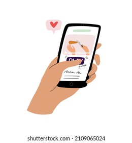 Hand drawn illustration of hand holding phone, watching video of online cooking class. Improve culinary skills at school, learning in the internet. Woman’s hands chopping carrots in recipe tutorial.