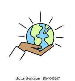 hand drawn illustration hand holding planet earth - icon concept April 22 earth day