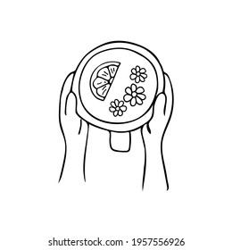 Hand drawn illustration of hand holding tea cup with lemon and chamomile. Doodle hand holding tea cup illustration in vector. Tea break concept with doodle hand holding tea cup top view