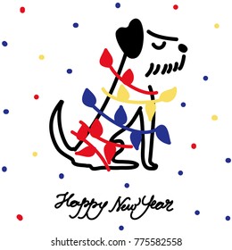 hand drawn illustration holiday greeting card with dog in lights
