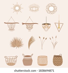 Hand drawn illustration with home decor elements in boho style. Natural color objects like cane baskets, palm leaf, mirror, lamps and macrame wall hangers