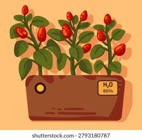 Hand drawn illustration of a home smart pot with growing chili pepper. Agrotech concept of indoor gardening, urban farming and homegrown organic food