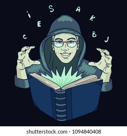 Hand drawn illustration of Hooded writer man wearing glasses in green light of magic spell book & flying letters. Isolated vector on a dark background.