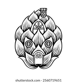 hand drawn illustration of hops combined with dwarf house