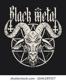 Hand drawn illustration of horned goat head, pentagram, inverted crosses. Black metal grunge lettering. Baphomet is a symbol of Satanism. T-shirt design, music cover. No AI used