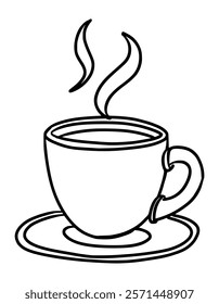 hand drawn illustration of hot coffee cup in black and white line style