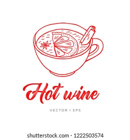 Hand drawn illustration of the hot wine cup with orange, anise star, cinnamon and mulling spices.
