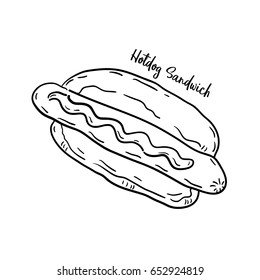 Hand drawn illustration of Hotdog sandwich.