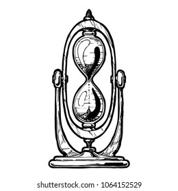 Hand drawn Illustration of hourglass in vintage engraved style. isolated on white.