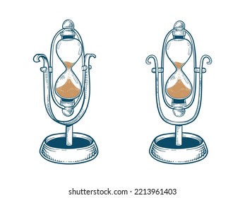 Hand drawn illustration of hourglass vintage style timer sketch drawing vector