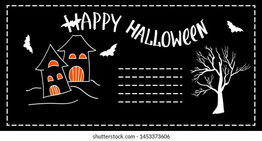 Hand drawn illustration  with house haunted ,dry tree and bat  on black background Cartoon style. For  halloween  party decor,invitation, card,banner,wrapping,print. Vector.

