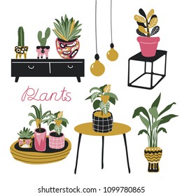 Hand drawn illustration with house plants, light bulbs and furniture. Modern home decor in scandinavian style. Vector.