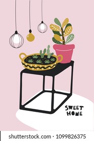 Hand drawn illustration with house plants, light bulbs and a table in the form of a cube. Vector card.  Modern home decor in scandinavian style. 
