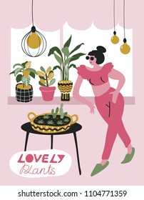 Hand drawn illustration with house plants, stylish young woman and hanging lamps. Vector poster design.