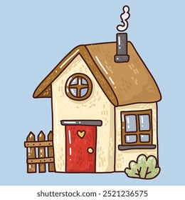 hand drawn illustration of house with red door. vector drawing