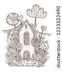 Hand drawn illustration. House in sweets, sweets, flags and pompons. Picture coloring