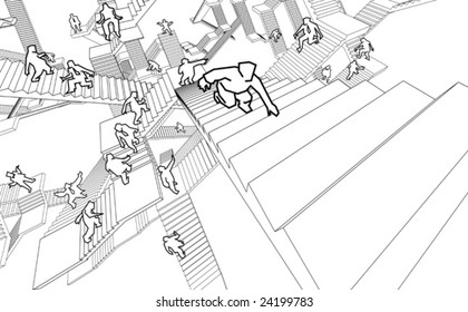 hand drawn illustration of huge and endless chaotic stair construction or labyrinth of stairs and stair maze with many lost and confused people running in chaos and panic