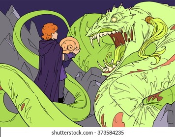 Hand drawn illustration of a huge frightening monster snake hissing at the hero who brought this snake her egg 