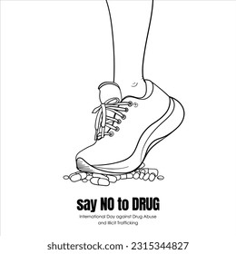 Hand drawn illustration of human foot stepping on drugs with shoes for say no to drug campaign