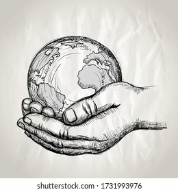 Hand drawn illustration with human hands holding Earth, save planet concept