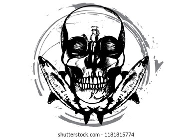 Hand drawn illustration of human skull and two sharks on a black background