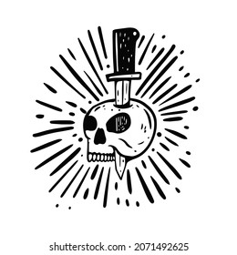 Schneide mit Messertätowierung. Handgezeichnete schwarze Vektorgrafik. Line Art Concept Art.
