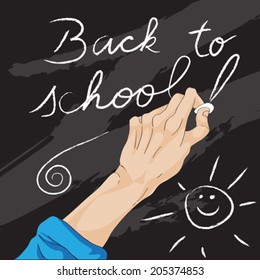 Hand drawn illustration of a human hand writing on the blackboard with chalk, back to school card