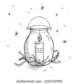 Hand drawn illustration. Hygge candle. Scandinavian hygge concept