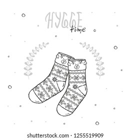 Hand drawn illustration. Hygge time with socks. Scandinavian hygge concept