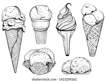 hand drawn illustration of Ice cream cones set in vintage style. Isolated on white background.