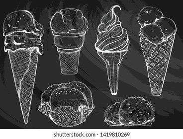 hand drawn illustration of Ice cream cones set on chalk board.