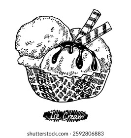 Hand drawn illustration of ice cream. Dessert templates collection for menu design, flyers and brochures. Engraving style hand drawn sketch, vector illustration.