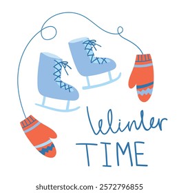 hand drawn illustration with ice skates, mittens and winter time lettering