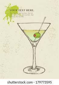 Hand drawn illustration of iced cocktail with olive