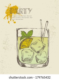 Hand drawn illustration of iced tropical cocktail.