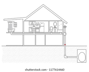 Hand Drawn Illustration Image Of The Skeletal House With Toilet Drainage Pipe Soil Pipe Sewer Showing The Non-return Valve Attached Or Fixed Above The Ground