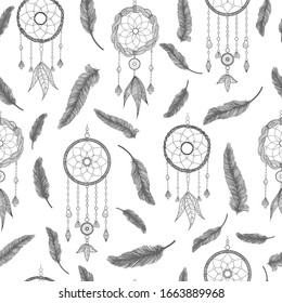 Hand drawn illustration with indian dreamcatchers and feathers. Seamless pattern. Vector illustration. Ethnic design, boho chic, tribal symbol. Good fabric, textile, wallpaper