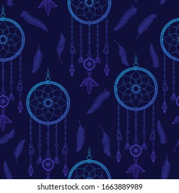 Hand drawn illustration with indian dreamcatchers and feathers on the black background. Seamless pattern. Vector illustration. Ethnic design, boho chic, tribal symbol. Good fabric, textile, wallpaper