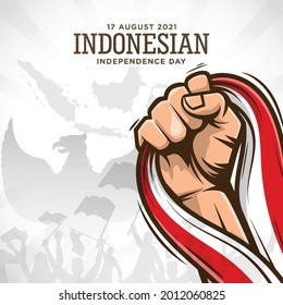 Hand drawn illustration of indonesian independence day. with a hand holding a flag in the background, suitable for greeting cards