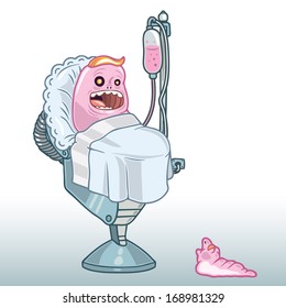 Hand drawn illustration of an infant baby worm in a hospital bed