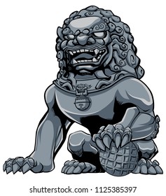 Hand drawn illustration of iron Chinese lion statue.