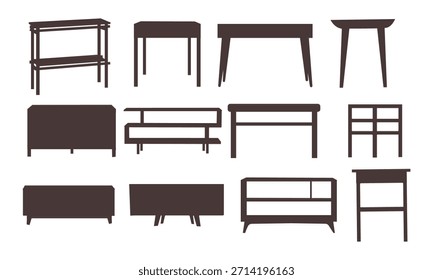 Hand drawn illustration isolate on white background for logo and web design .Collection of table silhouette templates. Editable vector illustration in EPS.10