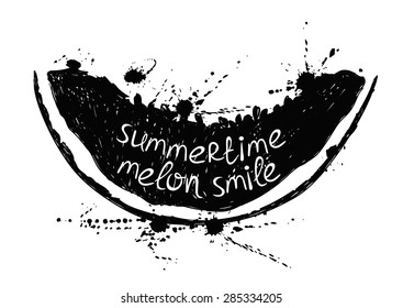 Hand drawn illustration with isolated black slice of melon on a white background. Typography poster with creative slogan.