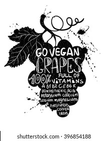 Hand drawn illustration of isolated black grape branch silhouette on a white background. Typography poster with lettering inside the grapes.