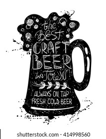 Hand drawn illustration of isolated black beer mug silhouette on a white background. Typography poster with text inside - the best craft beer in town.