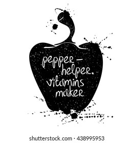 Hand drawn illustration of isolated black pepper silhouette on a white background. Typography poster with creative poetic quote inside - pepper-helper, vitamins maker.