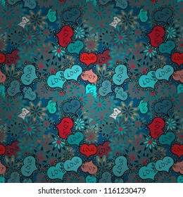 Hand drawn illustration, isolated. Blue, red and black colours, polka dots, striped. Vector sketch. Watercolor hearts seamless pattern. Love symbol, beautiful, lovely, romantic, holiday decoration.