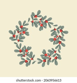 Hand drawn illustration of isolated Christmas wreath. Traditional holiday botanical decoration, season greetings card template. Winter foliage, floral background